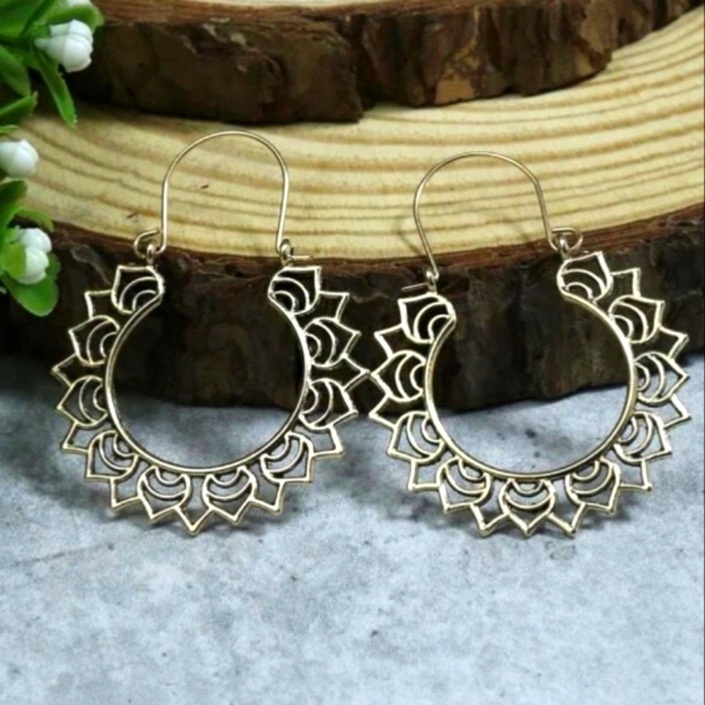 Lotus Petal Mandala Drop Hoops, Antiqued Gold